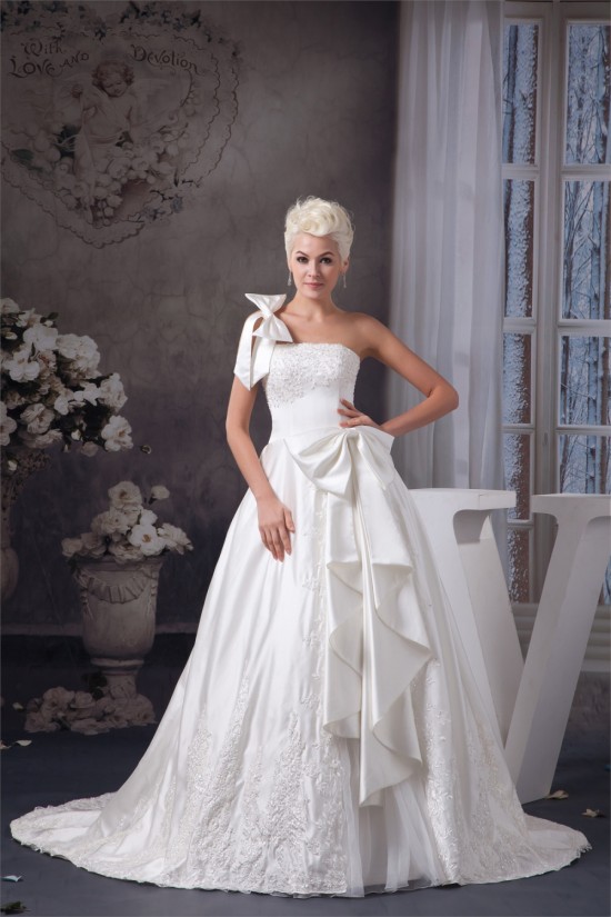 A-Line Sleeveless Satin Taffeta One-Shoulder Lace Wedding Dresses 2030545 A-Line Sleeveless Satin Taffeta One-Shoulder Lace Wedding Dresses 2030545