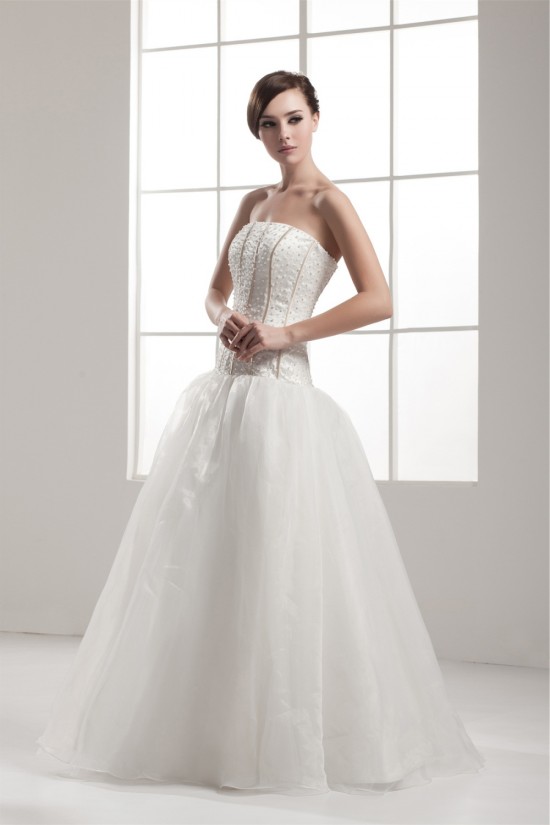 A-Line Sleeveless Strapless Satin Fine Netting Beaded Wedding Dresses 2030550