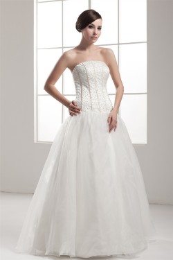 A-Line Sleeveless Strapless Satin Fine Netting Beaded Wedding Dresses 2030550