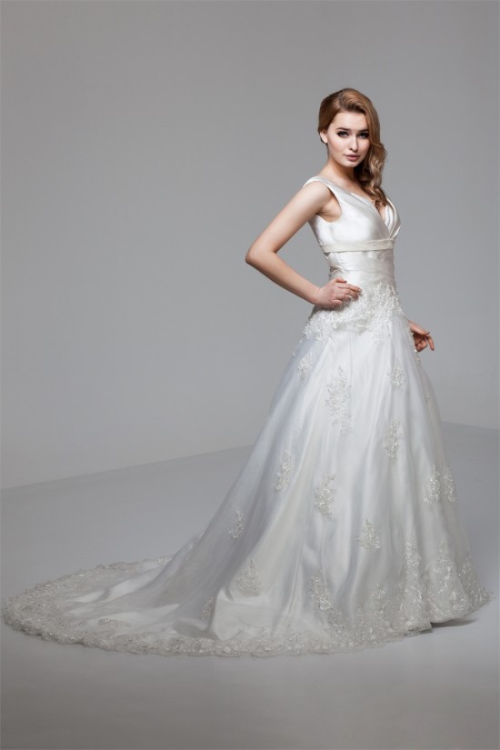 A-Line Sleeveless V-Neck Satin Organza New Arrival Wedding Dresses 2030556