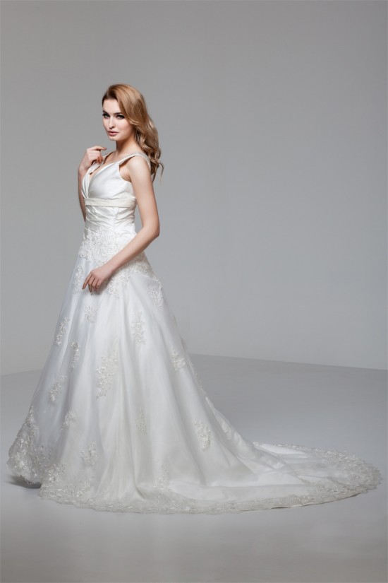 A-Line Sleeveless V-Neck Satin Organza New Arrival Wedding Dresses 2030556