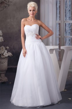A-Line Sweetheart Satin Organza Sleeveless Beaded Floor Length Wedding Dresses 2030561