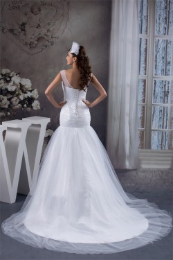 Amazing A-Line Satin Fine Netting Portrait Sleeveless Wedding Dresses 2030568