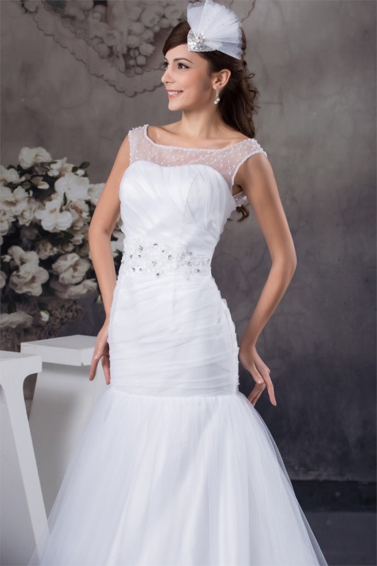 Amazing A-Line Satin Fine Netting Portrait Sleeveless Wedding Dresses 2030568