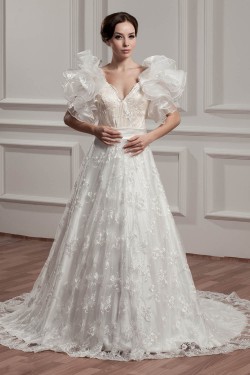 attractive A-Line Satin Lace Sleeveless Straps Reception Wedding Dresses 2030595