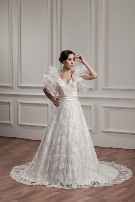 attractive A-Line Satin Lace Sleeveless Straps Reception Wedding Dresses 2030595