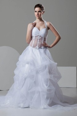 attractive Sleeveless A-Line Halter Satin Organza Wedding Dresses 2030598