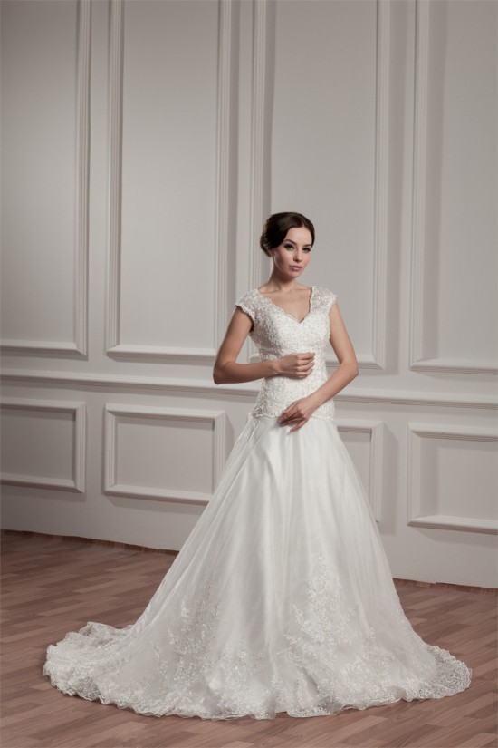 Breathtaking V-Neck A-Line Satin Organza V-Neck Lace Wedding Dresses 2030647