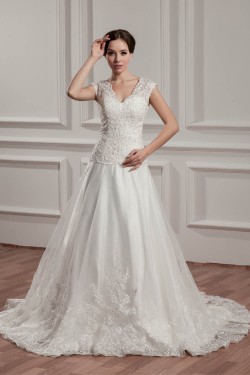 Breathtaking V-Neck A-Line Satin Organza V-Neck Lace Wedding Dresses 2030647