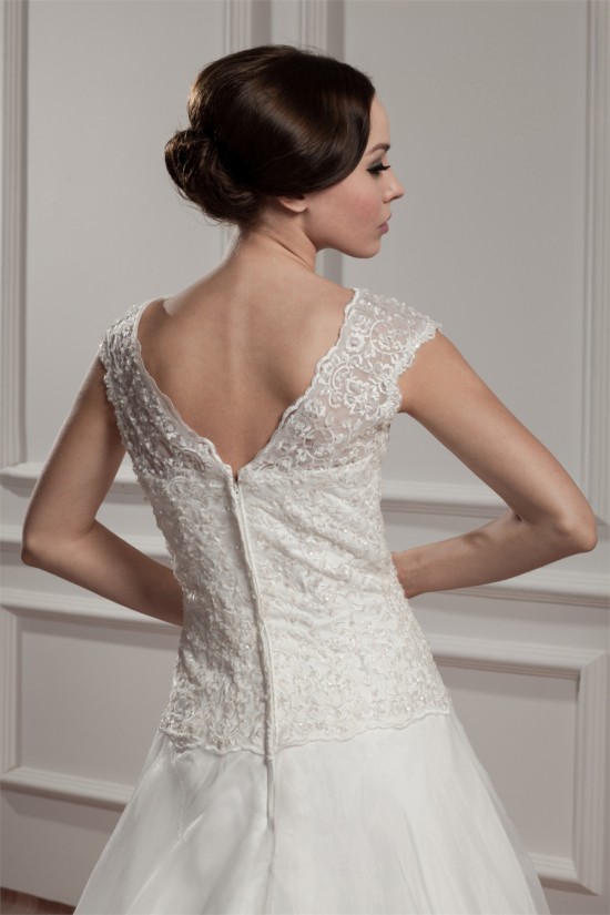 Breathtaking V-Neck A-Line Satin Organza V-Neck Lace Wedding Dresses 2030647