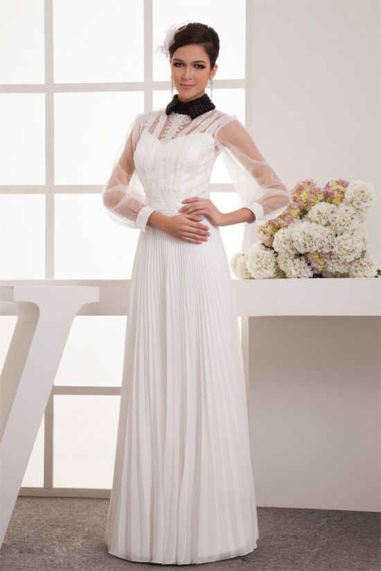 Chiffon Fine Netting A-Line Long Sleeve Beaded Lace Wedding Dresses 2030654