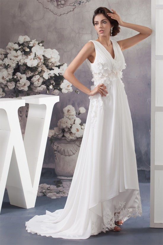 Chiffon Silk like Satin Sleeveless V-Neck Reception Wedding Dresses 2030657