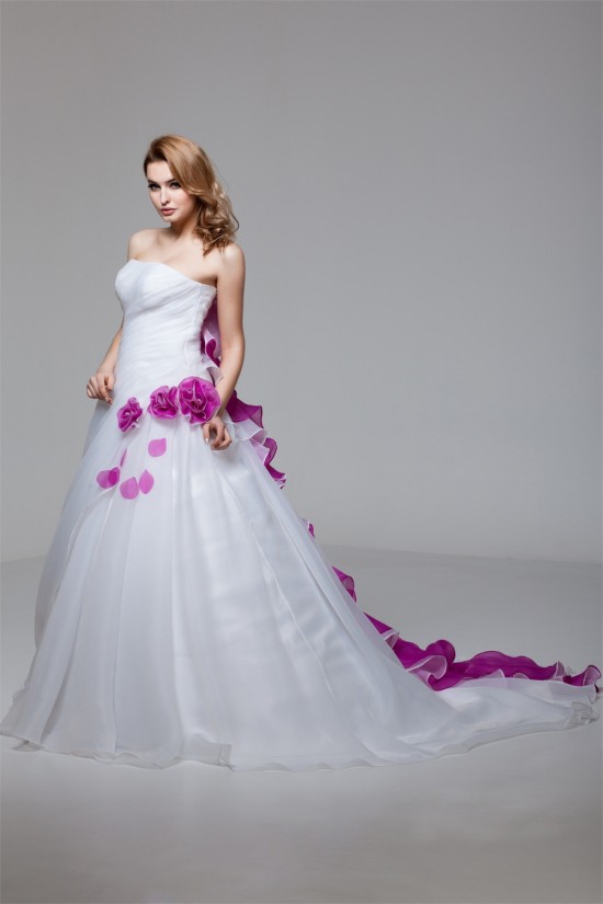 Elegant Satin Organza Strapless A-Line Short Sleeve Wedding Dresses 2030666