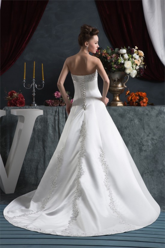 Elegant Satin Strapless A-Line Sleeveless Beaded Wedding Dresses 2030667