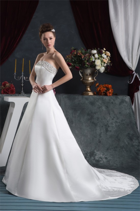 Elegant Satin Strapless A-Line Sleeveless Beaded Wedding Dresses 2030667