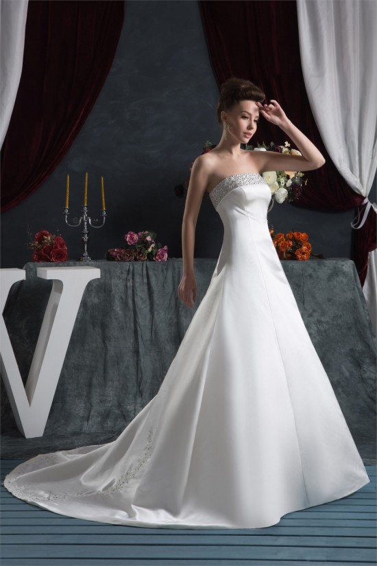 Elegant Satin Strapless A-Line Sleeveless Beaded Wedding Dresses 2030667 Elegant Satin Strapless A-Line Sleeveless Beaded Wedding Dresses 2030667