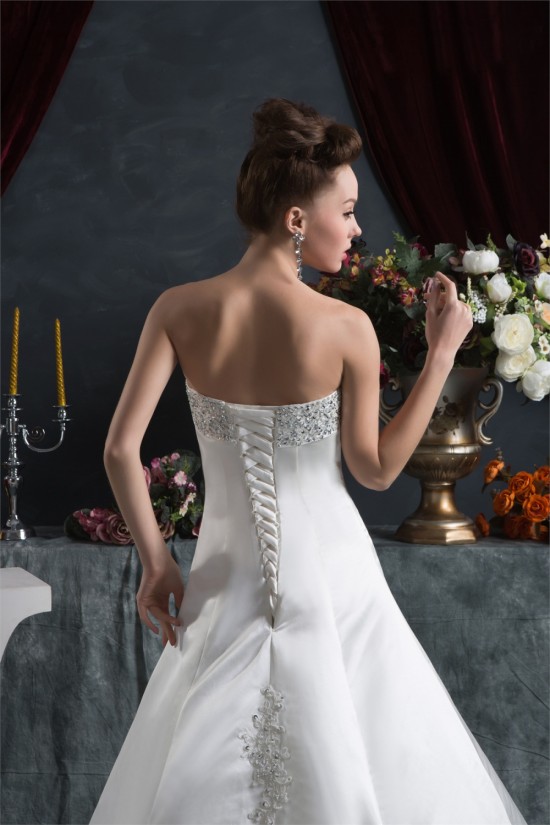 Elegant Satin Strapless A-Line Sleeveless Beaded Wedding Dresses 2030667