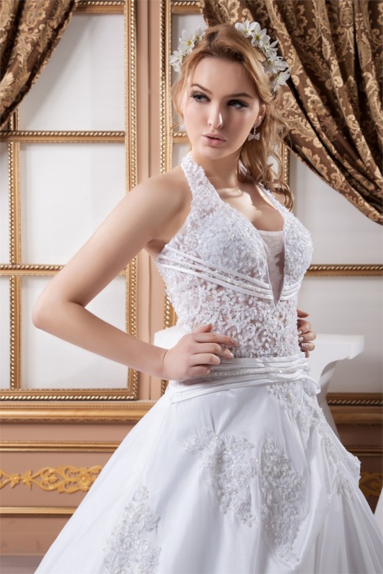 Elegant Satin Taffeta A-Line Halter Lace Sleeveless Wedding Dresses 2030670