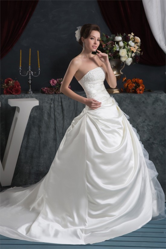 Elegant Strapless A-Line Satin Sleeveless Lace Wedding Dresses 2030675 Elegant Strapless A-Line Satin Sleeveless Lace Wedding Dresses 2030675