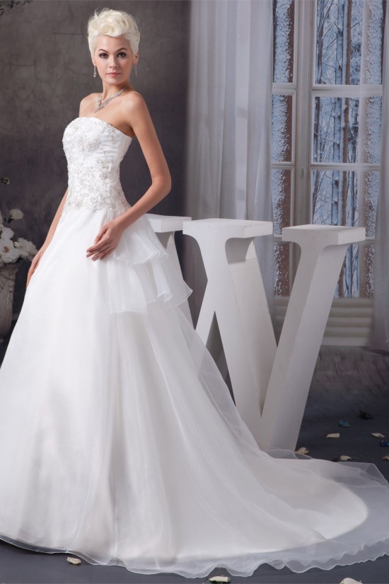 Elegant Strapless A-Line Sleeveless Satin Beaded Lace Wedding Dresses 2030676 Elegant Strapless A-Line Sleeveless Satin Beaded Lace Wedding Dresses 2030676