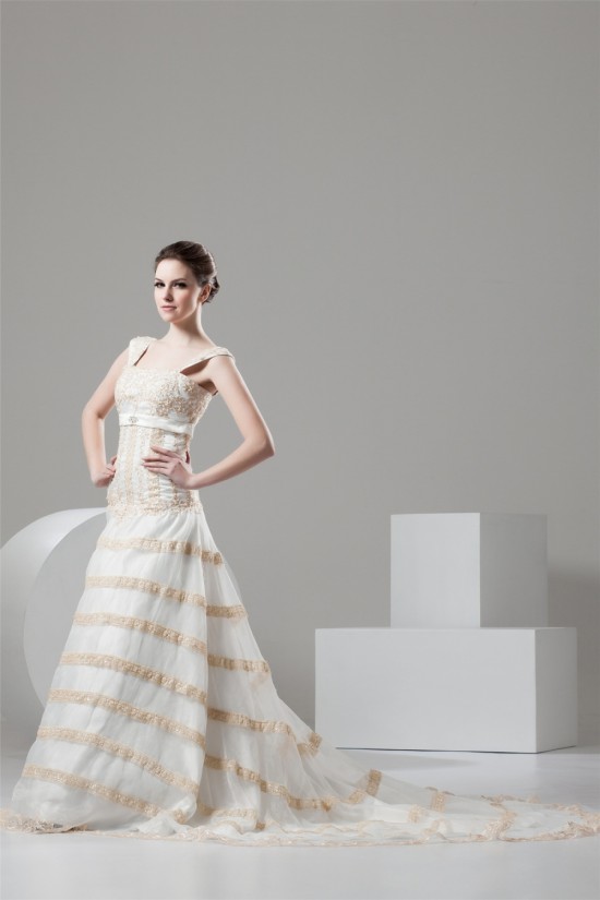 Fantastic A-Line Satin Organza Straps Lace Wedding Dresses 2030677 Fantastic A-Line Satin Organza Straps Lace Wedding Dresses 2030677