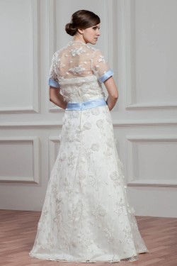 Satin Lace A-Line Short Sleeve Floor-Length Wedding Dresses with A Lace Jacket 2030714