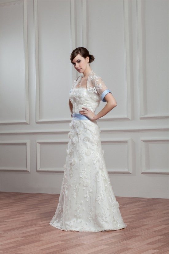Satin Lace A-Line Short Sleeve Floor-Length Wedding Dresses with A Lace Jacket 2030714 Satin Lace A-Line Short Sleeve Floor-Length Wedding Dresses with A Lace Jacket 2030714