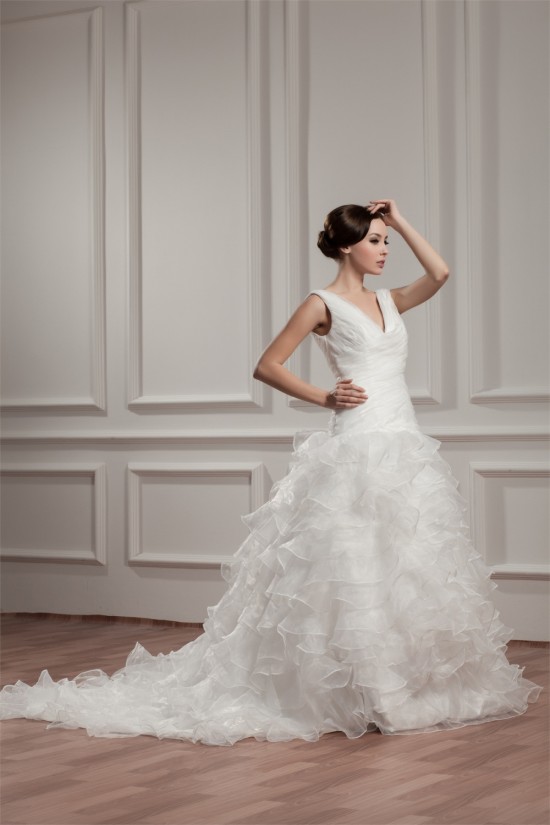 A-Line Sleeveless V-Neck Chapel Train Wedding Dresses 2030722