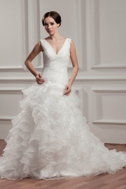 A-Line Sleeveless V-Neck Chapel Train Wedding Dresses 2030722