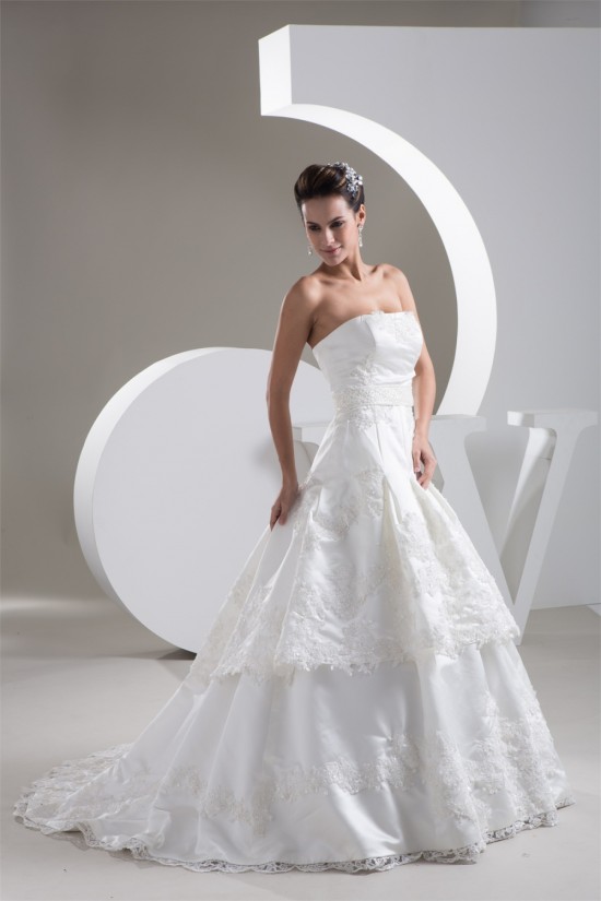 A-Line Great Satin Lace Strapless Sleeveless Wedding Dresses 2030728