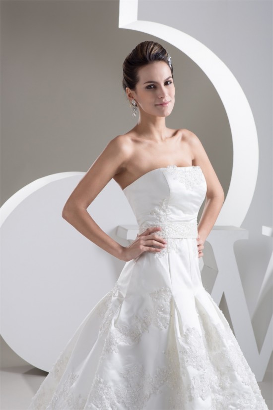 A-Line Great Satin Lace Strapless Sleeveless Wedding Dresses 2030728