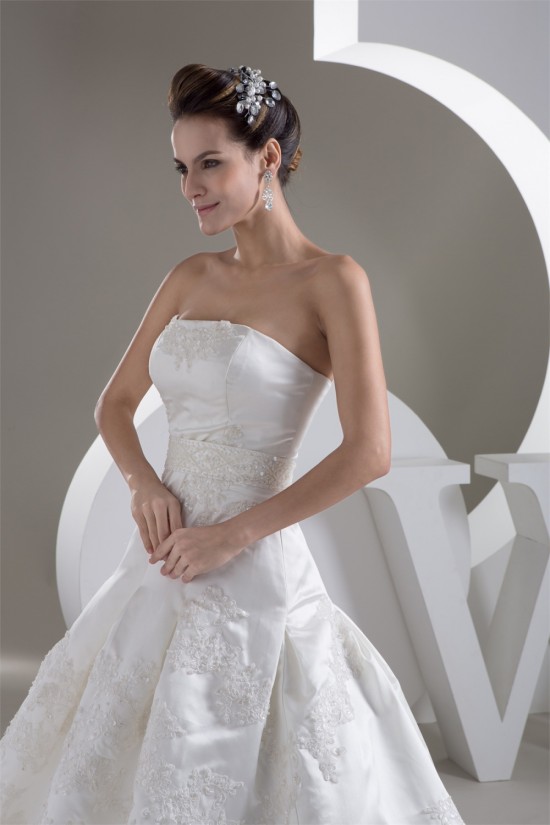 A-Line Great Satin Lace Strapless Sleeveless Wedding Dresses 2030728
