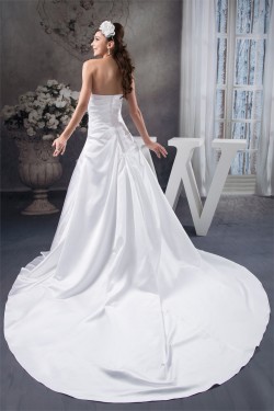 A-Line Soft Sleeveless Satin Strapless Chapel Train Wedding Dresses 2030730