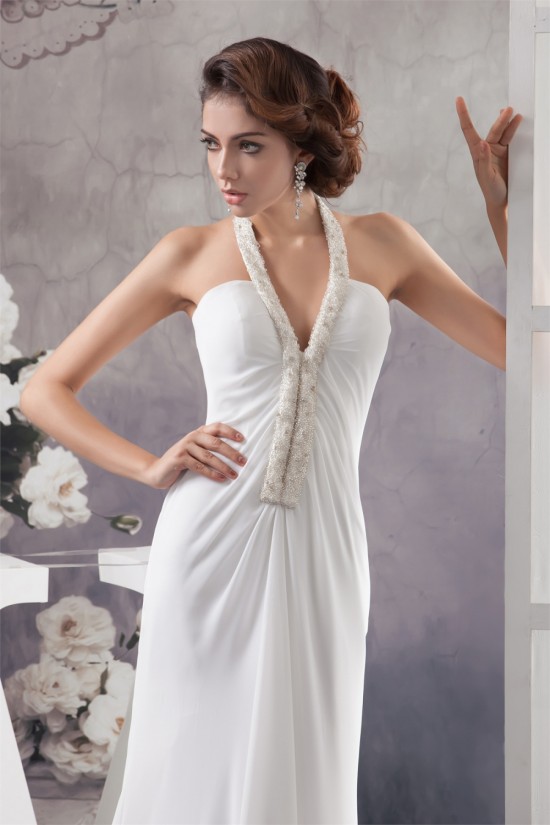 Sheath/Column Halter Beaded Chiffon Wedding Dresses 2030736