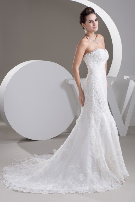 Elegant Trumpet/Mermaid Sweetheart Satin Lace Sleeveless Wedding Dresses 2030744 Elegant Trumpet/Mermaid Sweetheart Satin Lace Sleeveless Wedding Dresses 2030744