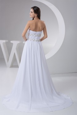 A-Line Strapless Chiffon Beaded Sweep Train Wedding Dresses 2030746