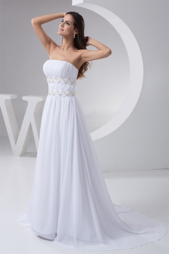 A-Line Strapless Chiffon Beaded Sweep Train Wedding Dresses 2030746