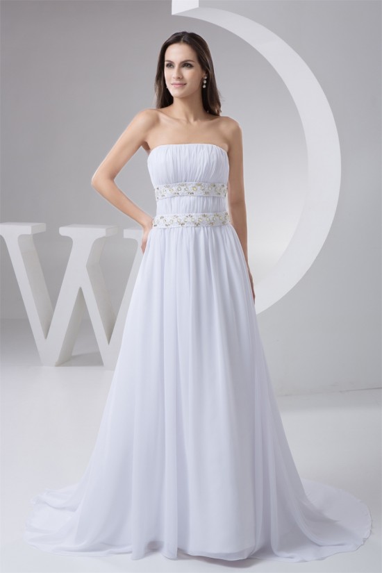 A-Line Strapless Chiffon Beaded Sweep Train Wedding Dresses 2030746