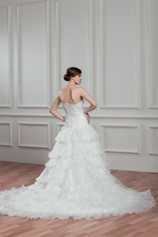 A-Line Satin Organza Sweetheart Chapel Train Lace Wedding Dresses 2030753
