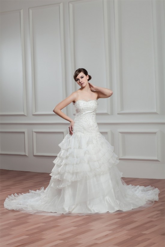 A-Line Satin Organza Sweetheart Chapel Train Lace Wedding Dresses 2030753