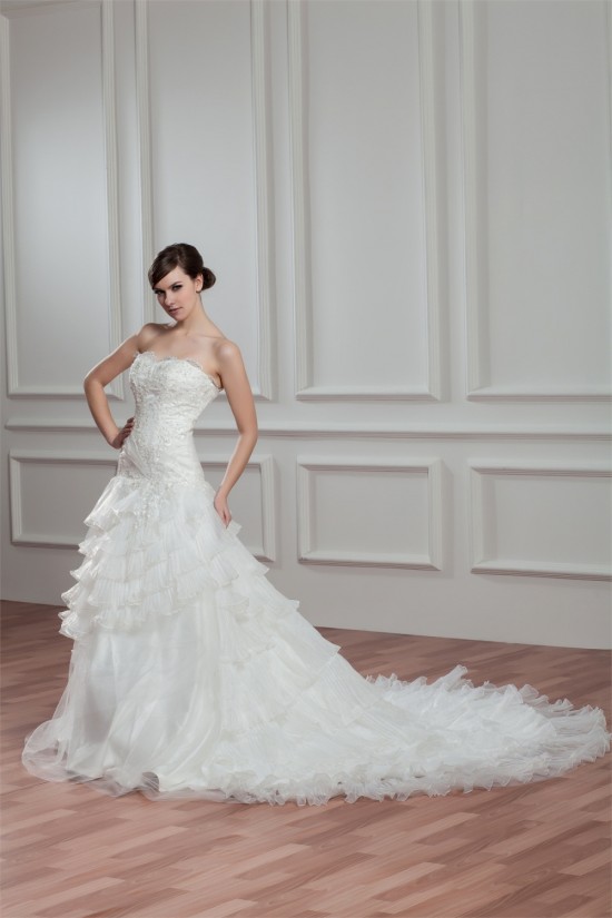 A-Line Satin Organza Sweetheart Chapel Train Lace Wedding Dresses 2030753