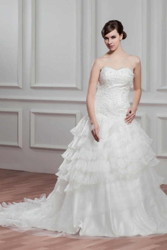 A-Line Satin Organza Sweetheart Chapel Train Lace Wedding Dresses 2030753