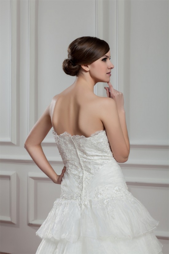 A-Line Satin Organza Sweetheart Chapel Train Lace Wedding Dresses 2030753