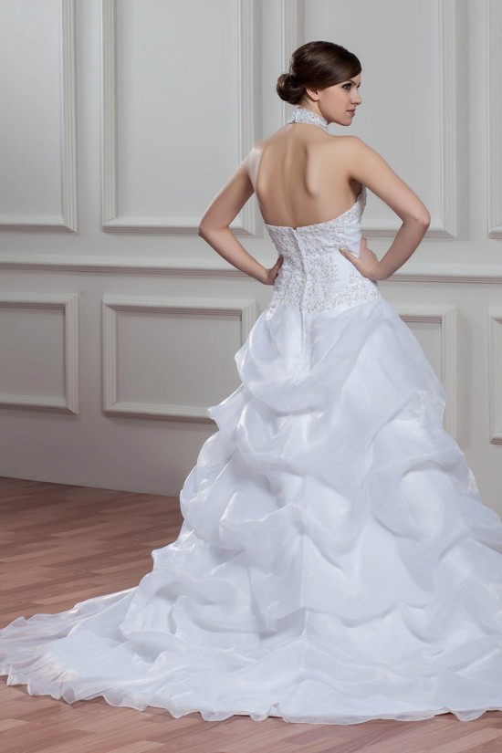 A-Line Halter Sleeveless Satin Organza Lace High Neck Wedding Dresses 2030756