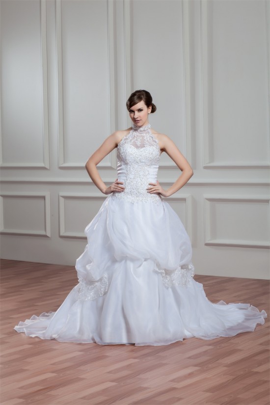 A-Line Halter Sleeveless Satin Organza Lace High Neck Wedding Dresses 2030756