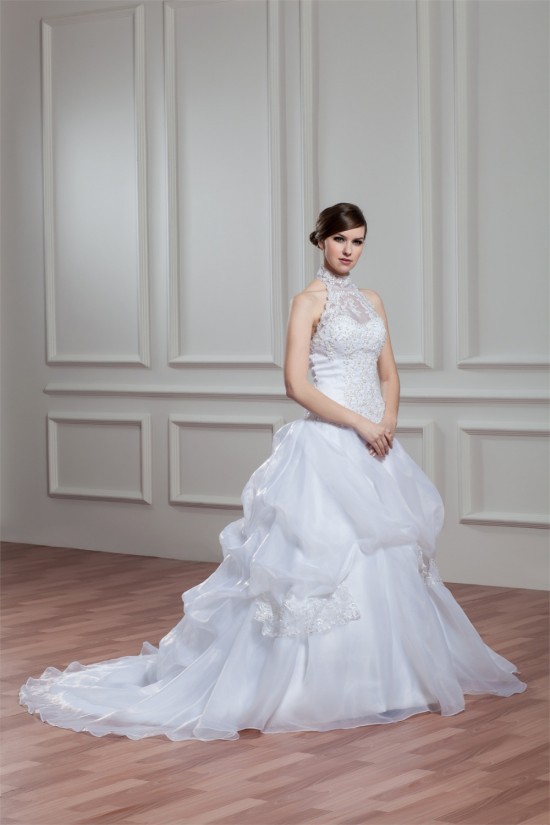 A-Line Halter Sleeveless Satin Organza Lace High Neck Wedding Dresses 2030756 A-Line Halter Sleeveless Satin Organza Lace High Neck Wedding Dresses 2030756