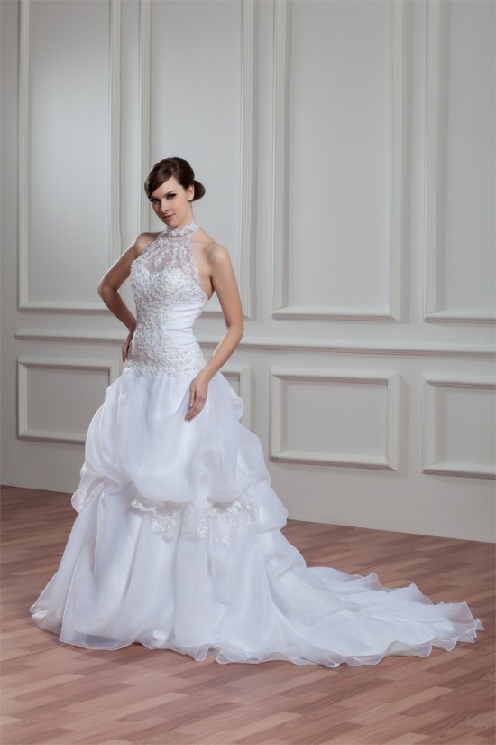 A-Line Halter Sleeveless Satin Organza Lace High Neck Wedding Dresses 2030756 A-Line Halter Sleeveless Satin Organza Lace High Neck Wedding Dresses 2030756