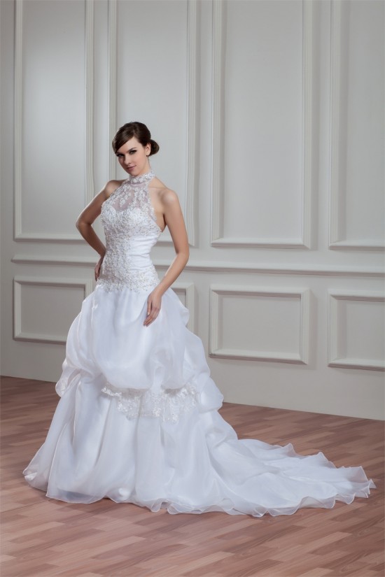 A-Line Halter Sleeveless Satin Organza Lace High Neck Wedding Dresses 2030756