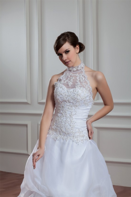 A-Line Halter Sleeveless Satin Organza Lace High Neck Wedding Dresses 2030756 A-Line Halter Sleeveless Satin Organza Lace High Neck Wedding Dresses 2030756