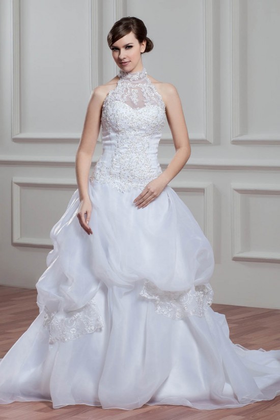A-Line Halter Sleeveless Satin Organza Lace High Neck Wedding Dresses 2030756